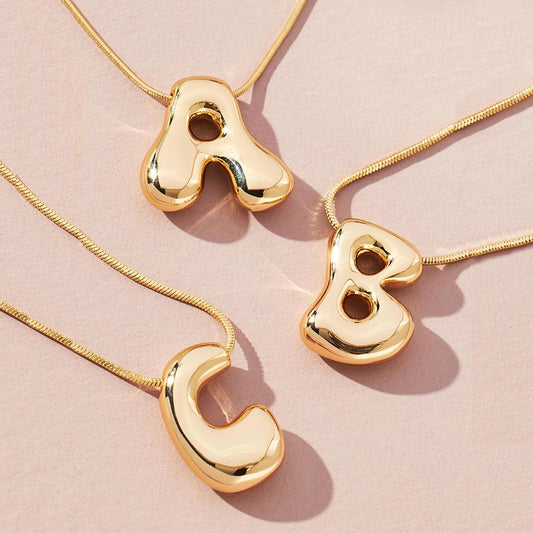 Gold Stainless Steel Initial Necklace for Women Girls Chunky Bubble Letter Pendant Necklaces Trendy Collar Jewelry Gift Mothers Day Good Gift Ideas 2025