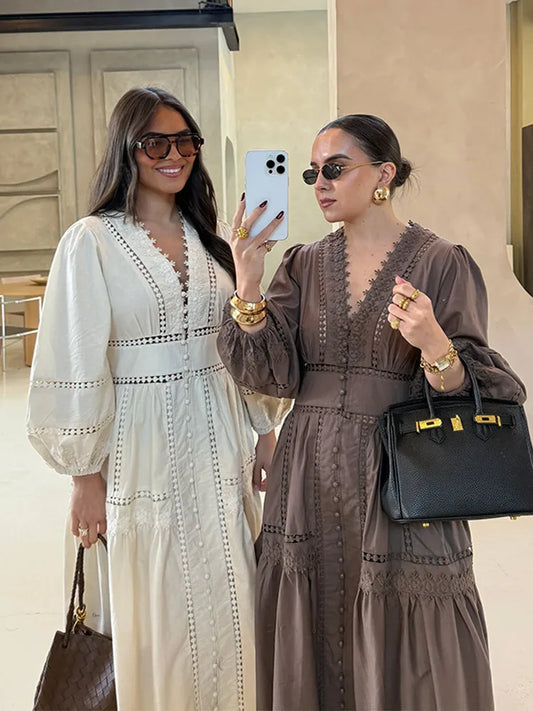 Hollow Out Lace V-neck Patchwork Fuff Long Sleeve Maxi Dressess Lady Spring Fashion Beach Lady Robe Bohemian Lace